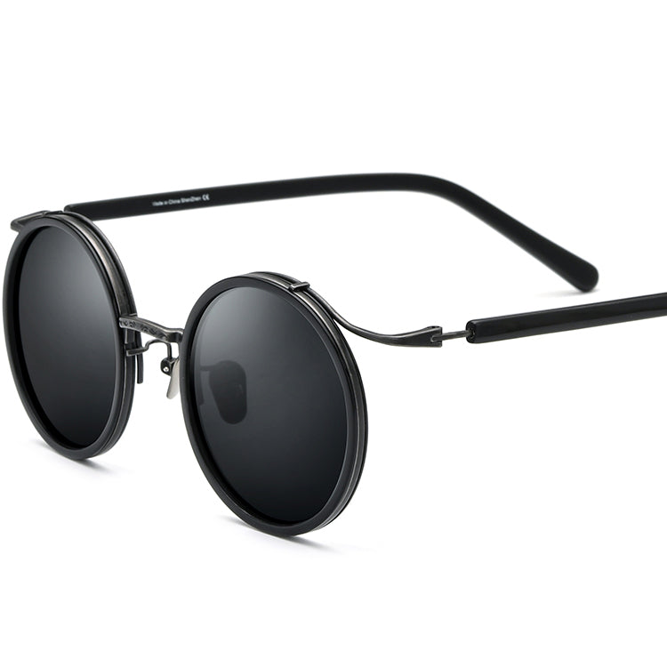 Acetate Titanium Round Polarized Sunglasses - Black Gray - MCROONS
