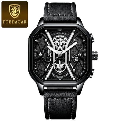 Poedagar 922 Men's Luxury Chronograph Quartz Watch – Leather Strap, Waterproof, Luminous, Date
