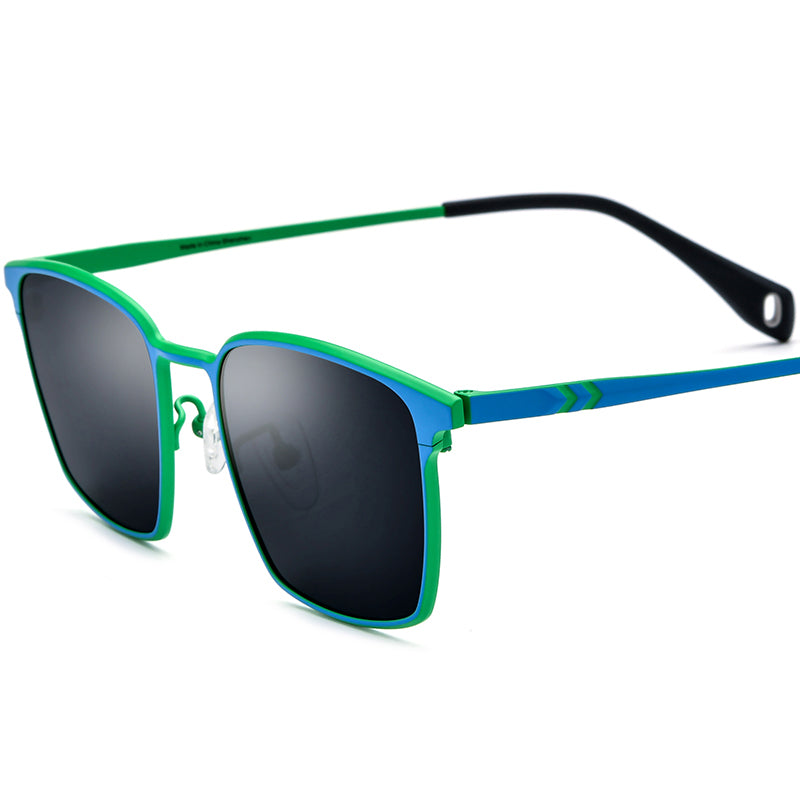 Colourful Titanium Square Polarised Sunglasses - Green Blue Grey Lens - MCROONS