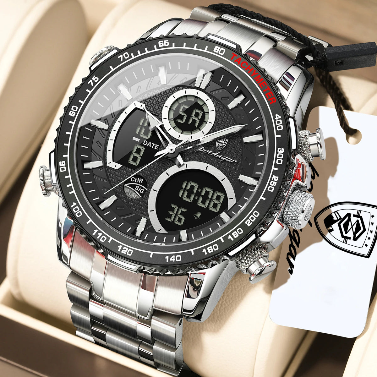 Poedagar E127 Men's Luxury Chronograph Quartz Watch – Stainless Steel Band, Waterproof, Luminous, Date