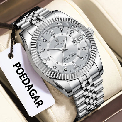 Poedagar 910 Men's Luxury Quartz Watch – Stainless Steel Band, Waterproof, Luminous, Date