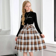 Wholesale Boutique High Quality Cotton Girls Dress Long Sleeves Black Top Spring Letter Print Patchwork Plaid for Summer