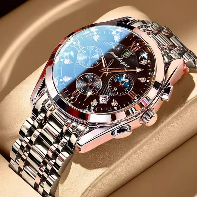 Poedagar 8208 Men's Luxury Quartz Watch – Stainless Steel Band, Waterproof, Luminous, Date