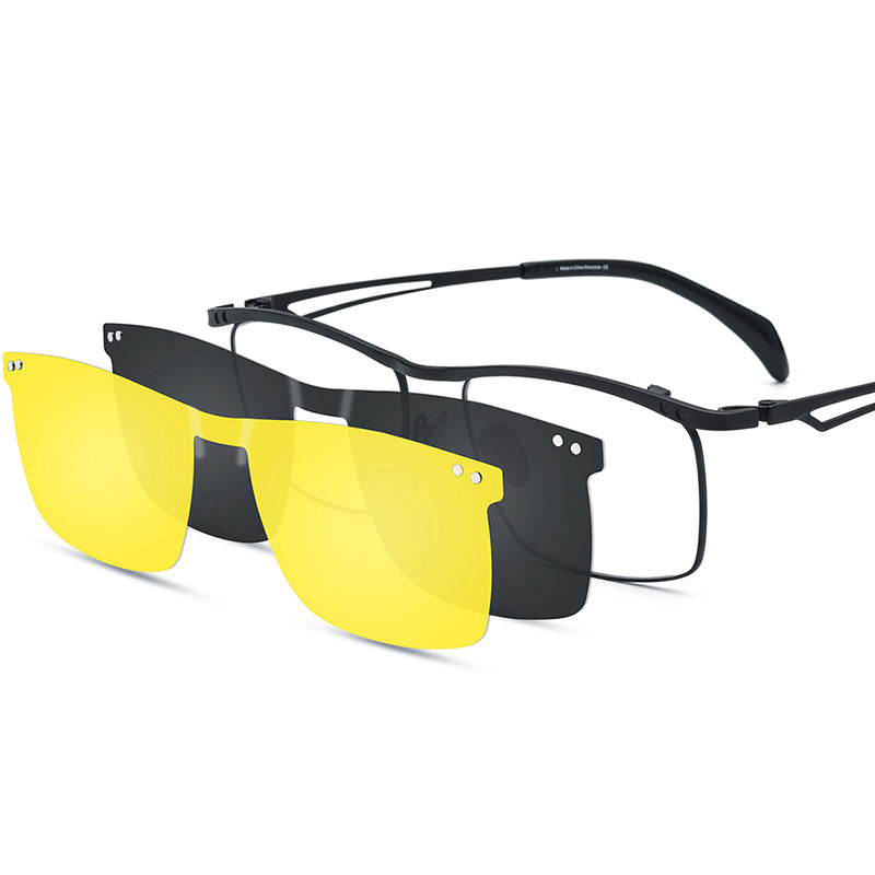 Pure Titanium Square Optical Glasses Frame with Magnetic Clip-On Lenses - Black - MCROONS