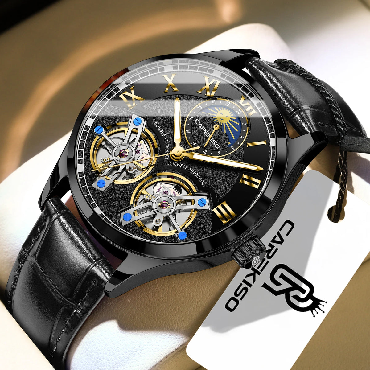 Poedagar C123 Men's Luxury Automatic Mechanical Watch – Genuine Leather Strap, Waterproof, Luminous