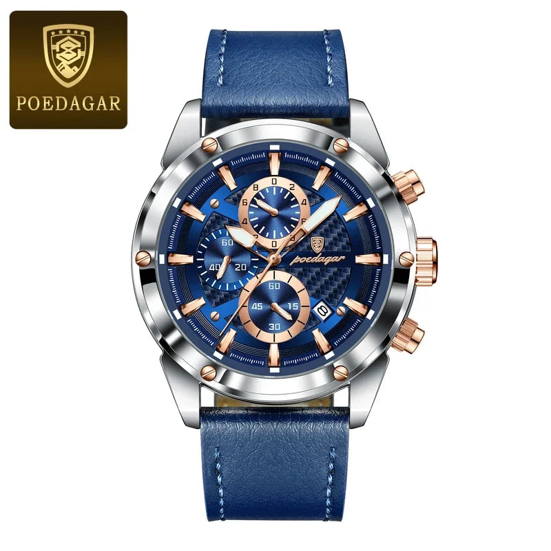 Poedagar 860 Men's Luxury Chronograph Quartz Watch – Leather Strap, Waterproof, Luminous, Date