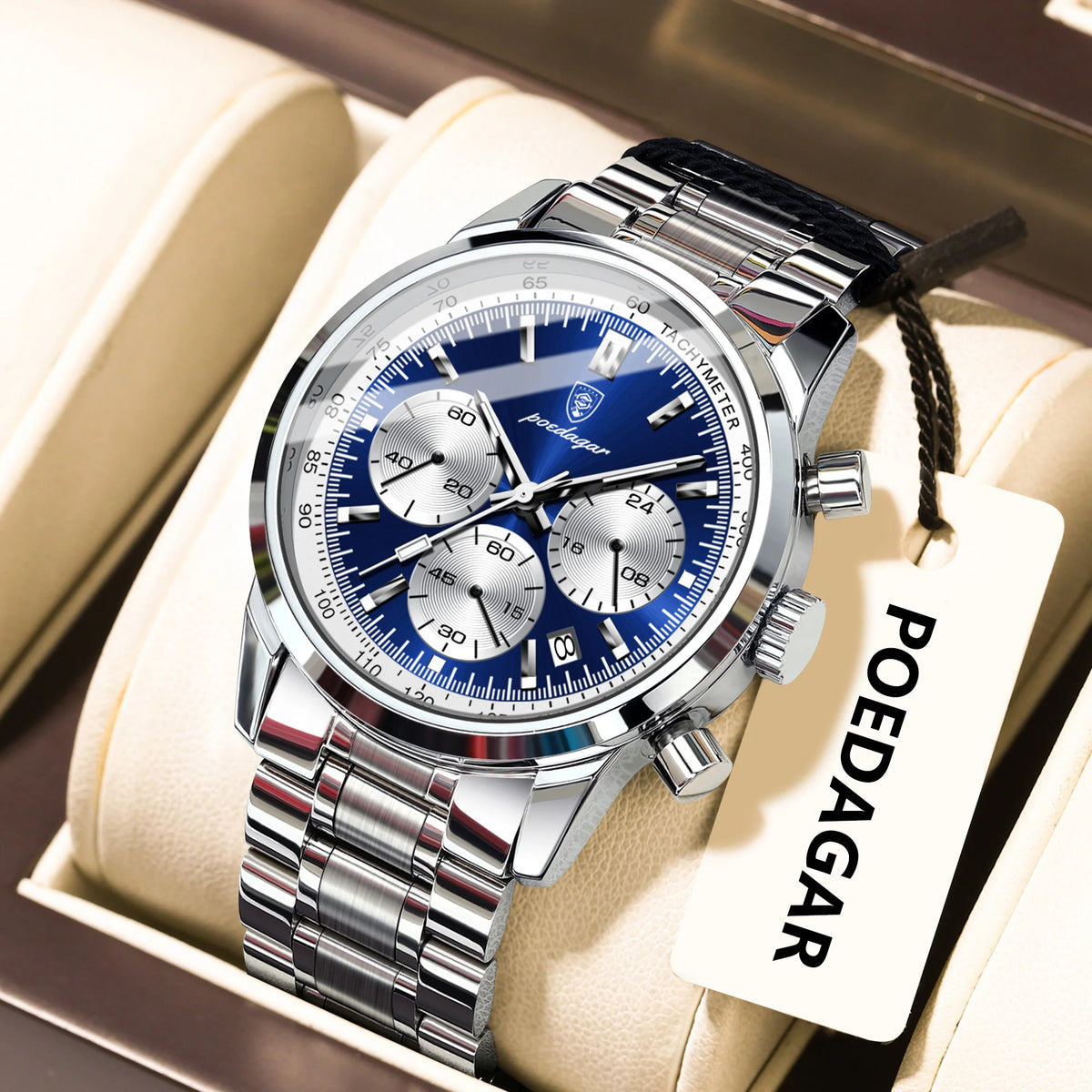 Poedagar 921 Men's Luxury Chronograph Quartz Watch – Stainless Steel Band, Waterproof, Luminous, Date