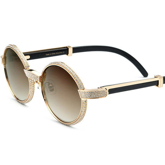 Luxury Diamante Round Sunglasses - Black - MCROONS