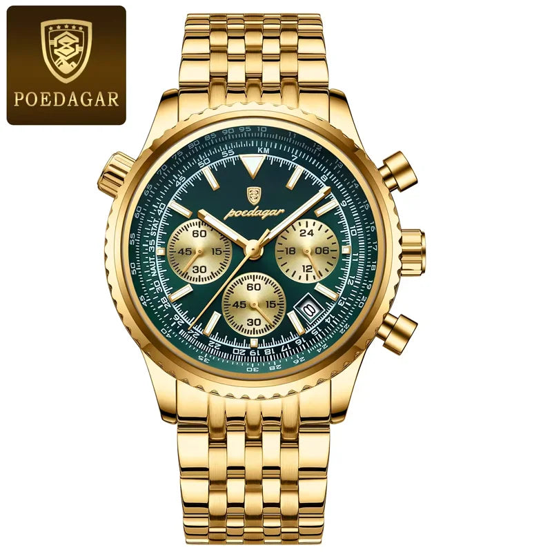 Poedagar 960 Men's Luxury Chronograph Quartz Watch – Stainless Steel Band, Waterproof, Luminous, Date