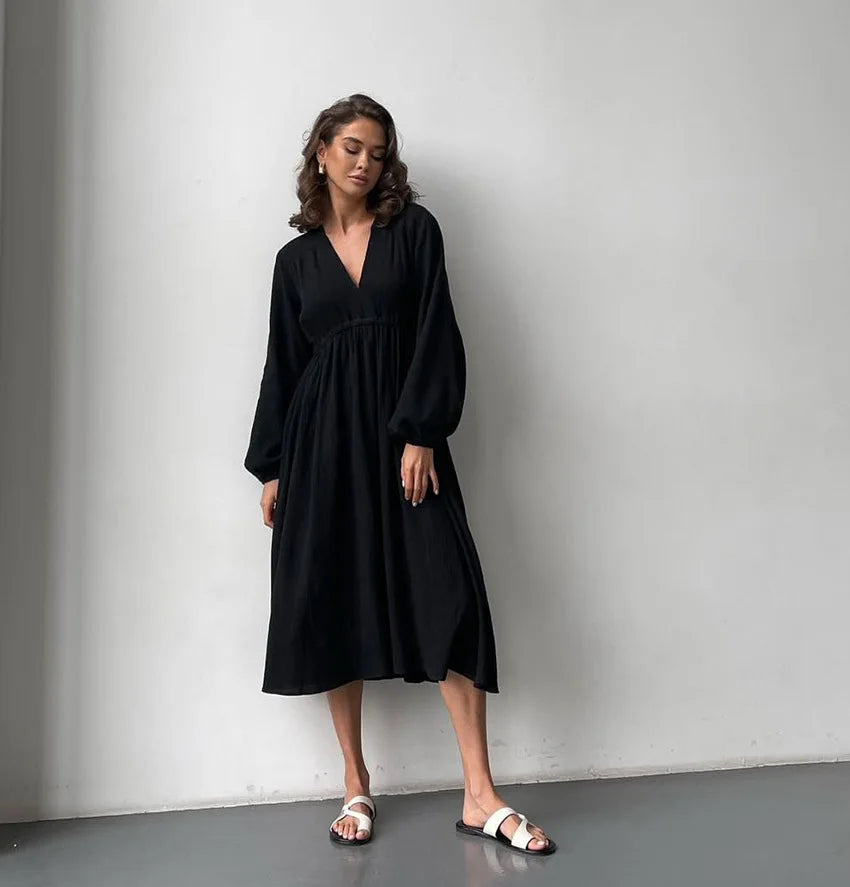 Boutique Women's A-Line Midi Dresses Fall Spring Sexy Loose Casual Puff Sleeve V Neck Solid