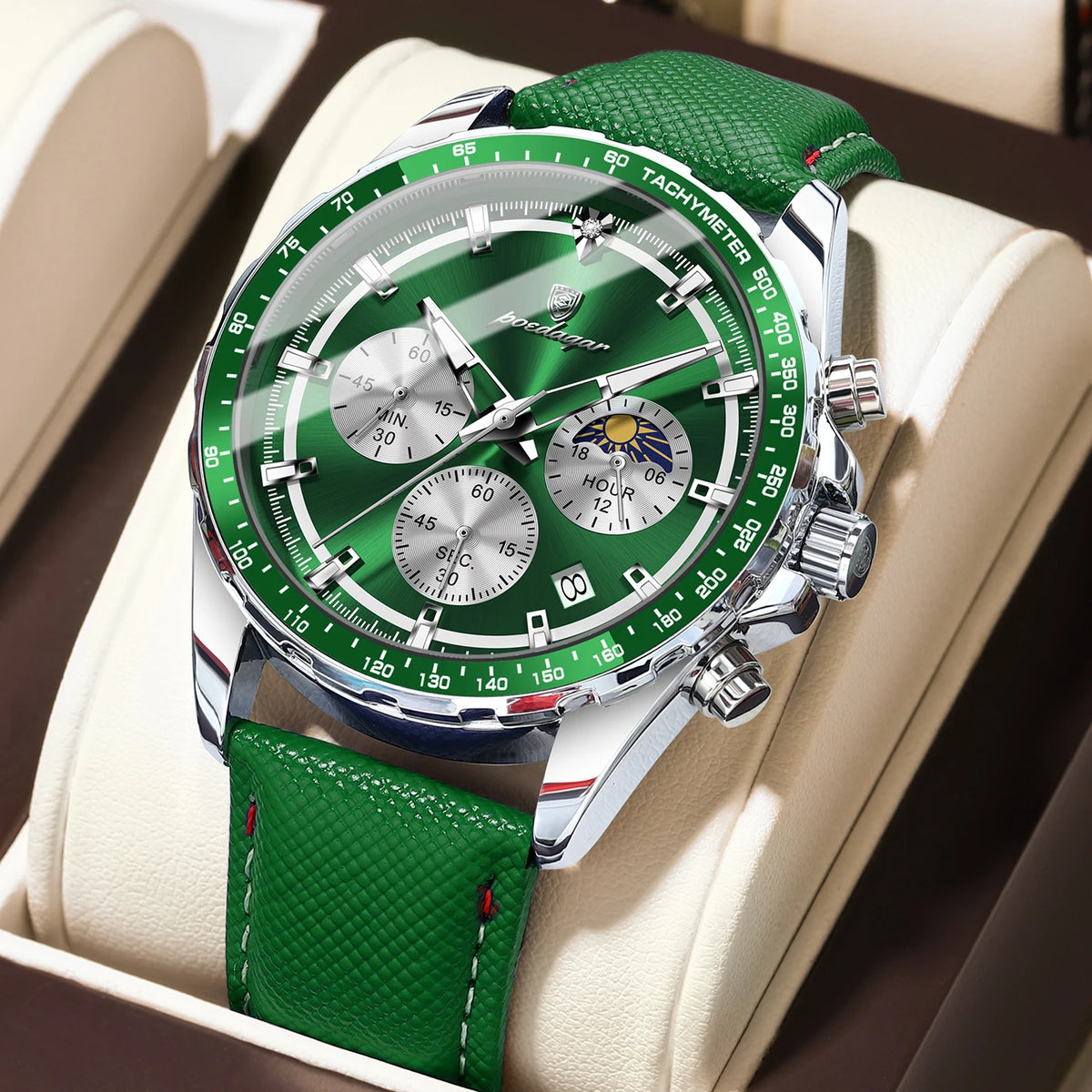 Poedagar 879 Men's Luxury Chronograph Quartz Watch – Leather Strap, Waterproof, Luminous, Date