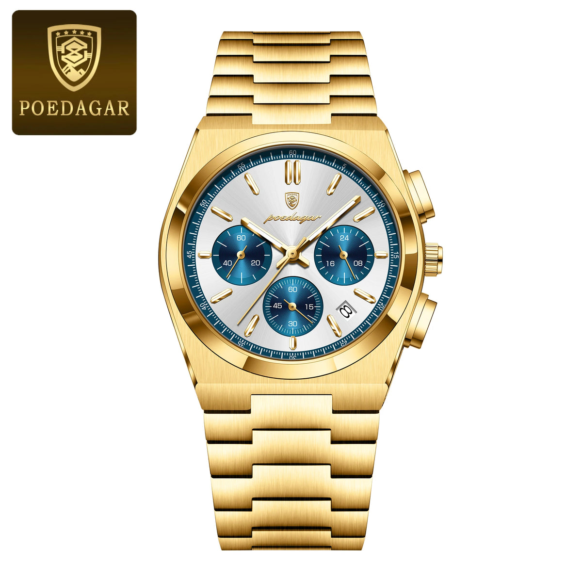 Poedagar 970 Men's Luxury Chronograph Quartz Watch – Stainless Steel Band, Waterproof, Luminous, Date