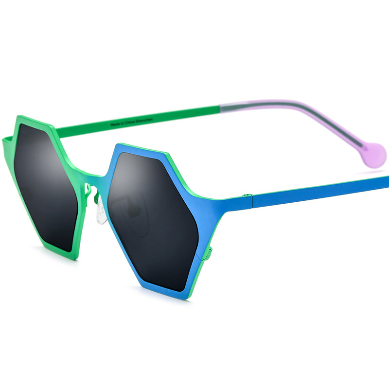 Colourful Titanium Polygon Polarised Sunglasses Vintage - Green Blue - MCROONS