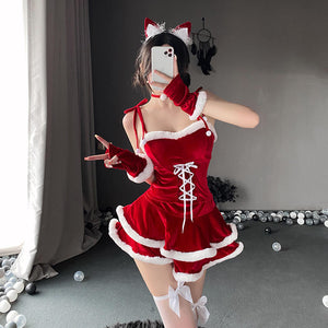 Mcroons Fur Trim Cat Girl Costume Dress with playful cat ears and fur accents, perfect for costumes and dress-up occasions.
