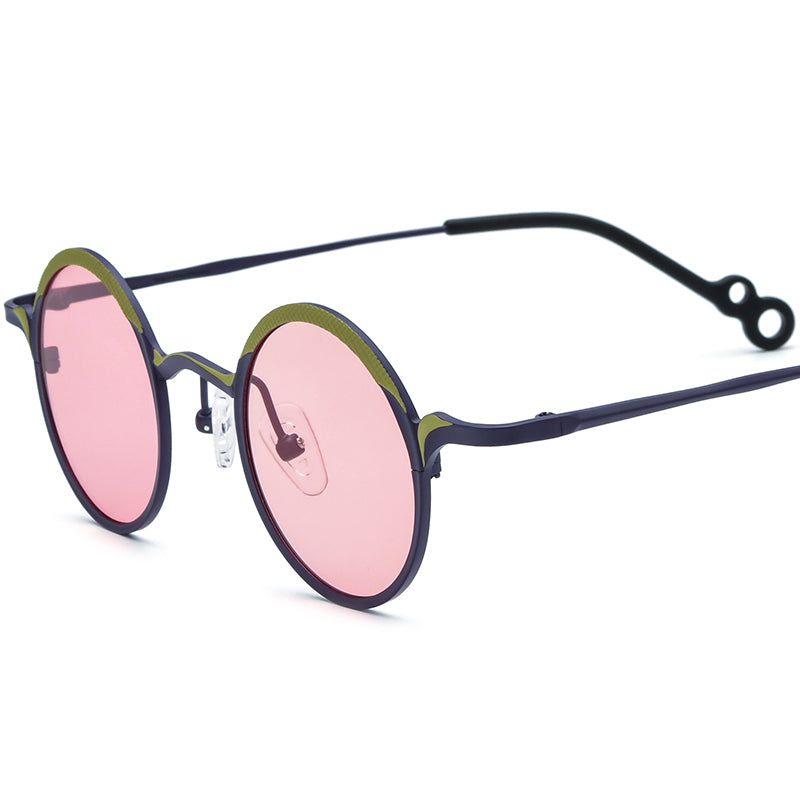 Colourful Titanium Round Polarised Sunglasses Retro - Green Purple Pink Lens - MCROONS