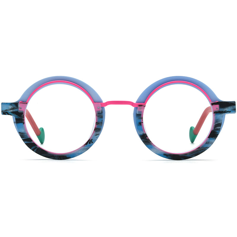Colourful Matte Acetate Round Optical Glasses Frame - MCROONS - Blue front view