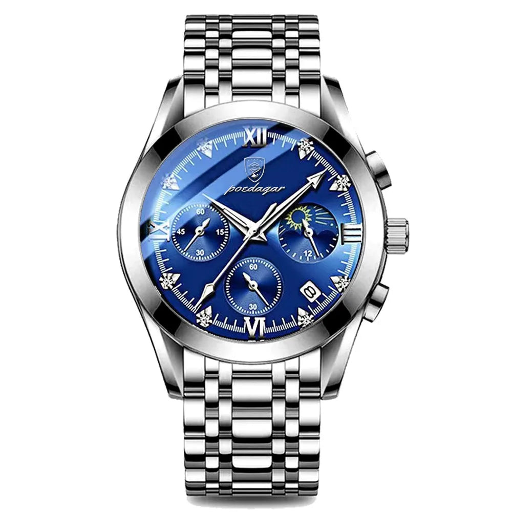Poedagar 8068 Men's Luxury Quartz Watch – Stainless Steel Band, Waterproof, Luminous, Date