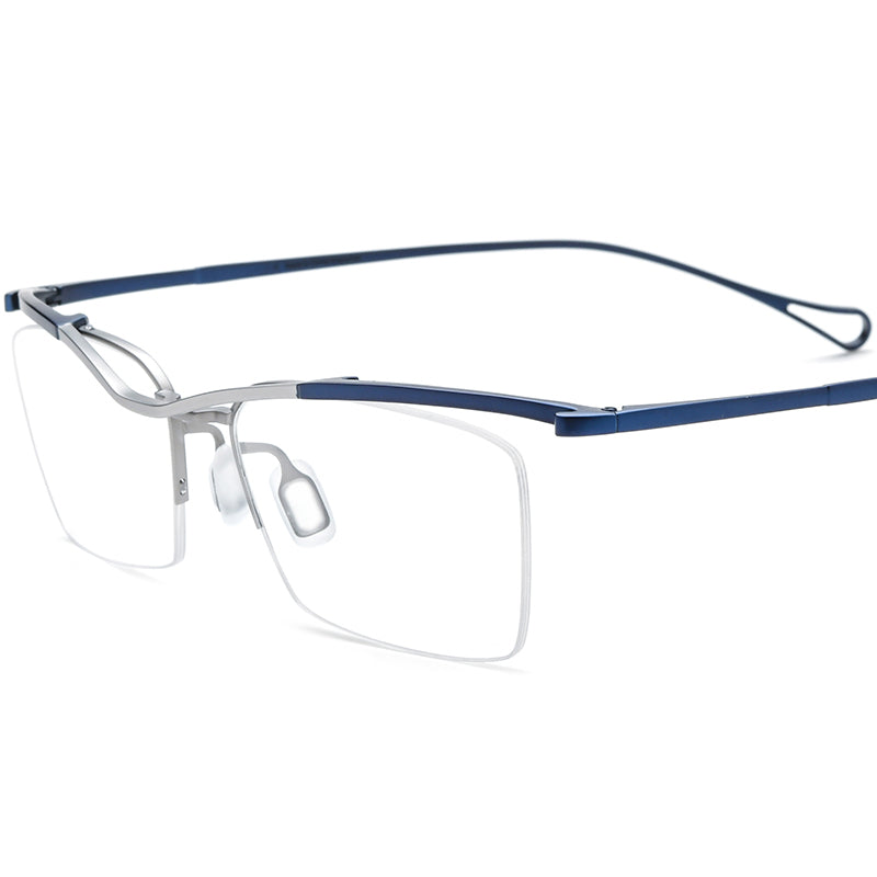 Titanium Semi-Rimless Square Optical Glasses - Silver Blue Frame - MCROONS