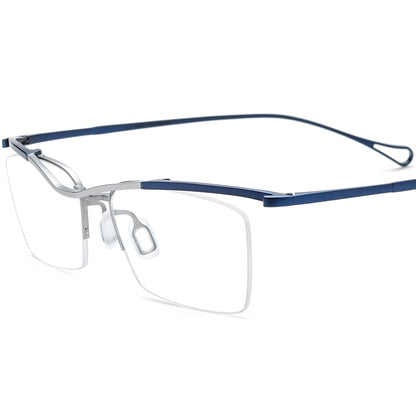 Titanium Semi-Rimless Square Optical Glasses - Silver Blue Frame - MCROONS