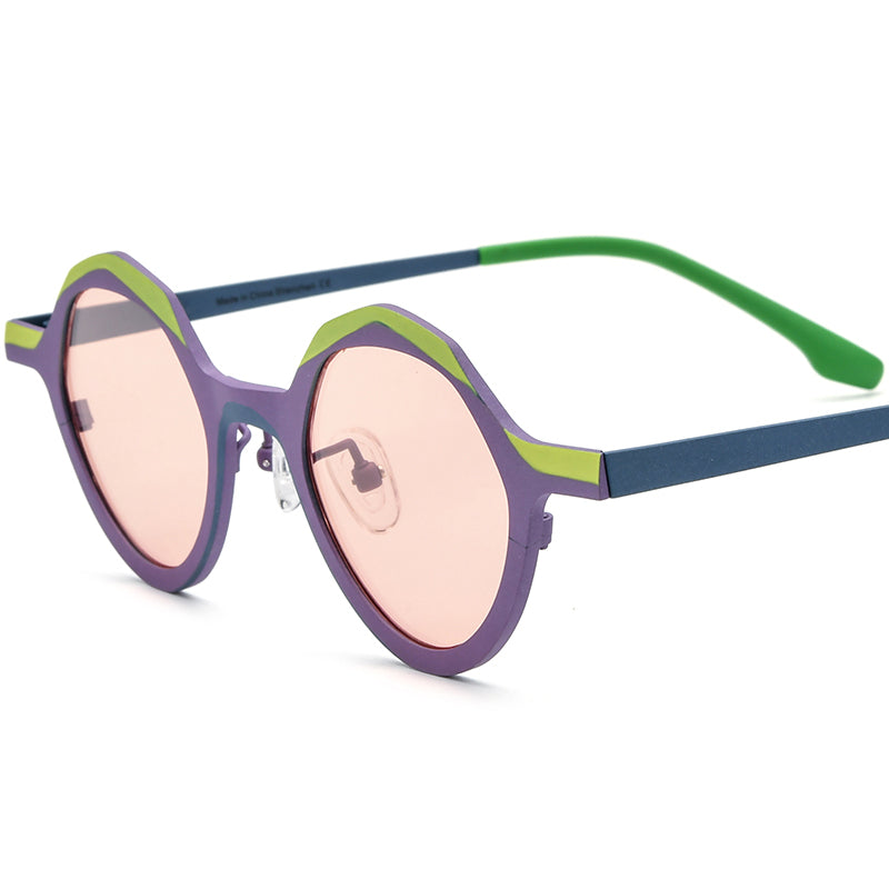 Colourful Titanium Polygon Polarised Sunglasses Retro - MCROONS - Purple Frame Pink Lens