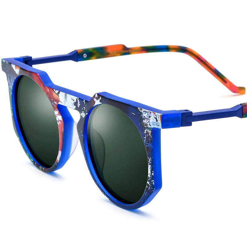 Retro Vintage Round Matte Acetate Polarized Sunglasses UV400 - Blue - MCROONS
