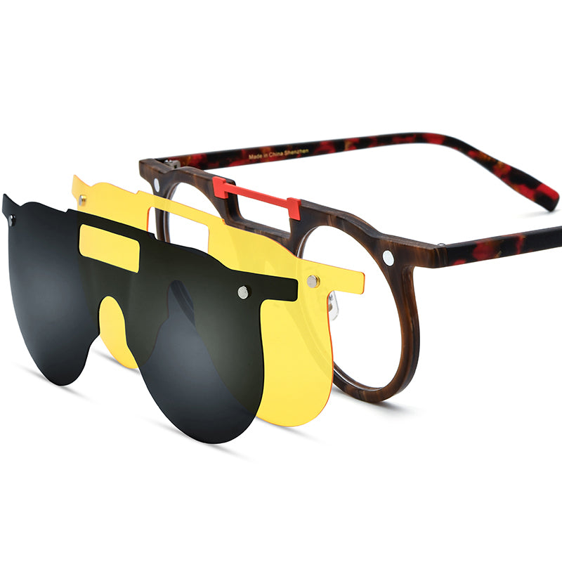 Round Acetate Optical Glasses Frame with Magnetic Clip-On Sunglasses - Brown - MCROONS