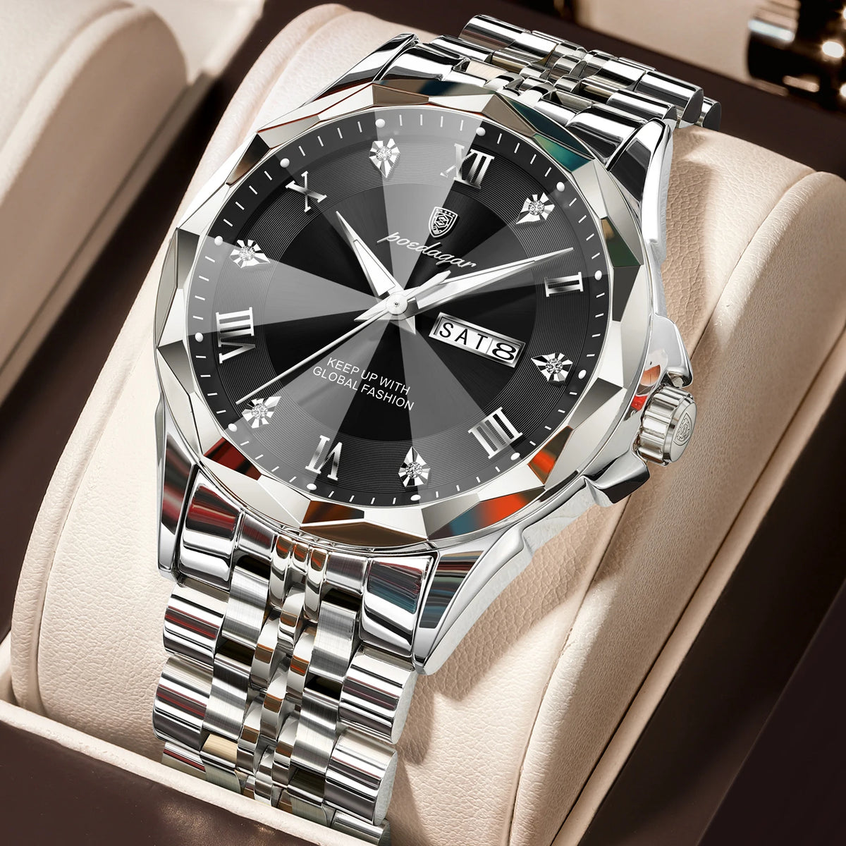 Poedagar 698 Men's Luxury Quartz Watch – Stainless Steel Band, Waterproof, Luminous, Date