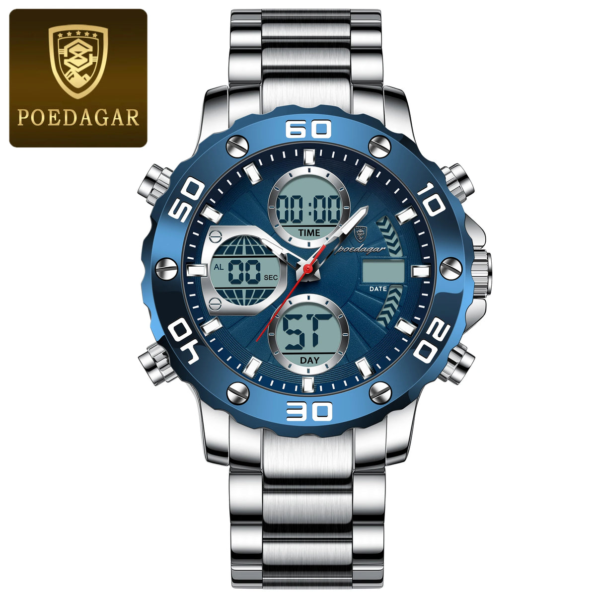 Poedagar E102 Men's Luxury Chronograph Quartz Watch – Stainless Steel Band, Waterproof, Luminous, Date