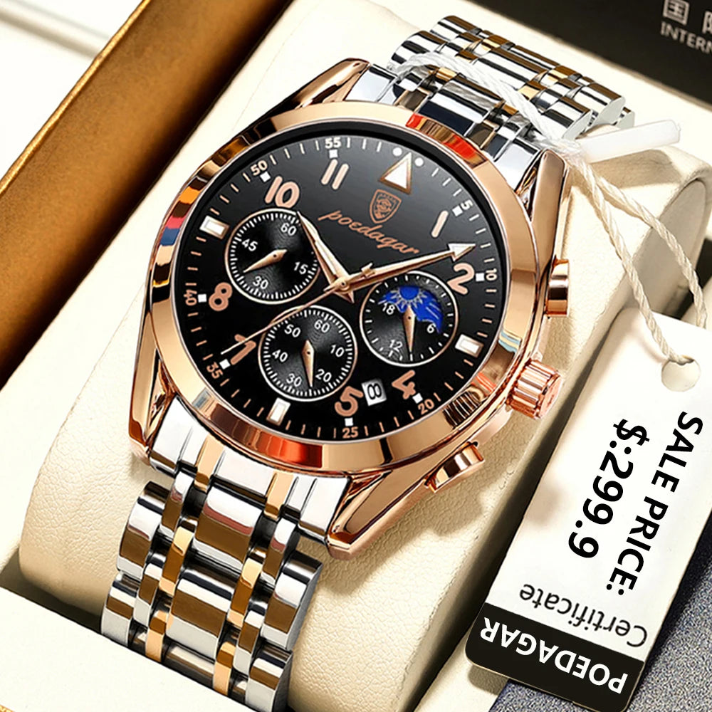Poedagar 8168 Men's Luxury Quartz Watch – Stainless Steel Band, Waterproof, Luminous, Date