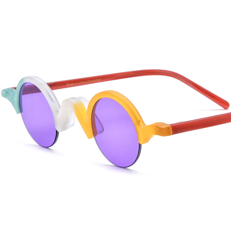 Multicolour Small Round Acetate Half-Rim Sunglasses UV400 - Matte White Orange Purple Lens - MCROONS