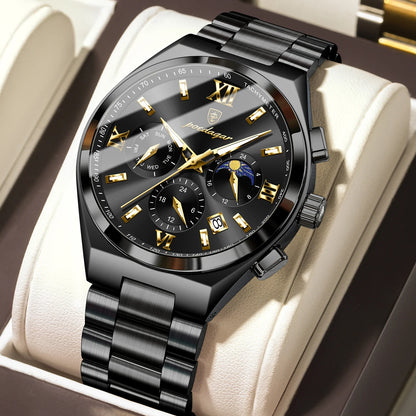 Poedagar 688 Men's Luxury Chronograph Quartz Watch – Stainless Steel Band, Waterproof, Luminous, Date