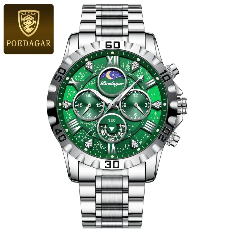 Poedagar 973 Men's Luxury Chronograph Quartz Watch – Stainless Steel Band, Waterproof, Luminous