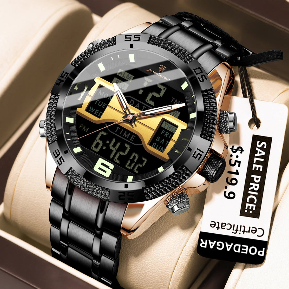 Poedagar E103 Men's Luxury Chronograph Digital Watch – Stainless Steel Band, Waterproof, Luminous, Date