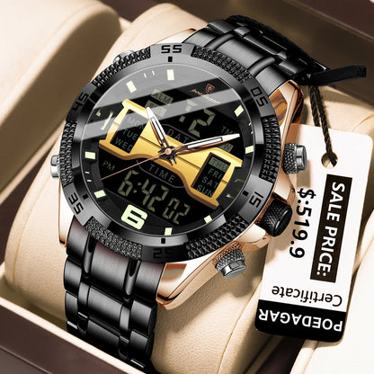 Poedagar E103 Men's Luxury Chronograph Digital Watch – Stainless Steel Band, Waterproof, Luminous, Date