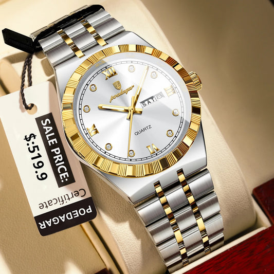 Poedagar 872 Men's Luxury Quartz Watch – Stainless Steel Band, Waterproof, Luminous, Date