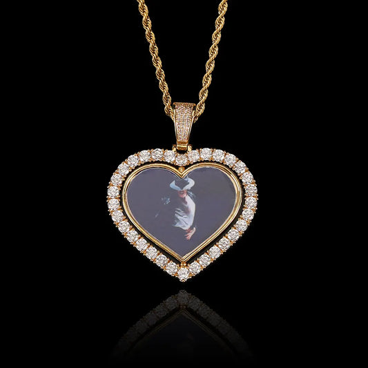 Iced Out Diamond Memory Photo Pendant Hip Hop Jewelry Custom Rotating Heart Photo Pendant Picture Necklace