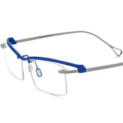 Semi-Rimless Titanium Square Optical Glasses Frame Vintage - Matte Blue Silver - MCROONS