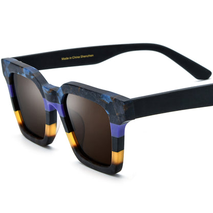 Retro Colour-Block Acetate Square Polarized Sunglasses - Blue Black Brown Lens - MCROONS