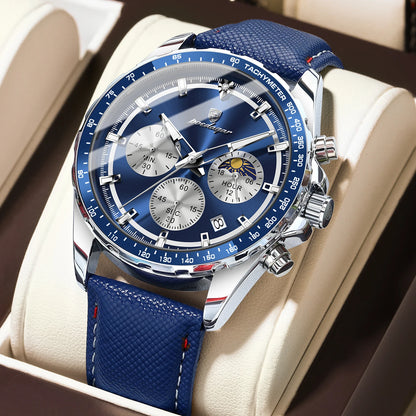 Poedagar 879 Men's Luxury Chronograph Quartz Watch – Leather Strap, Waterproof, Luminous, Date