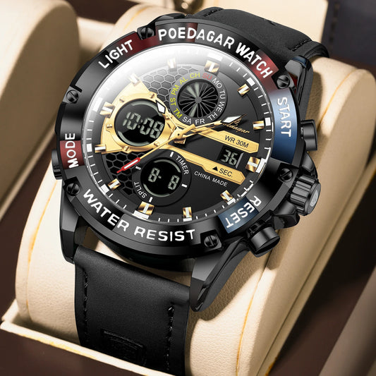 Poedagar E125 Men's Luxury Chronograph Quartz Watch – Genuine Leather Strap, Waterproof, Luminous, Date
