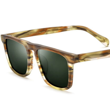 Vintage Multicolour Acetate Square Polarized Sunglasses - MCROONS - Matte Stripe Frame Green Lens