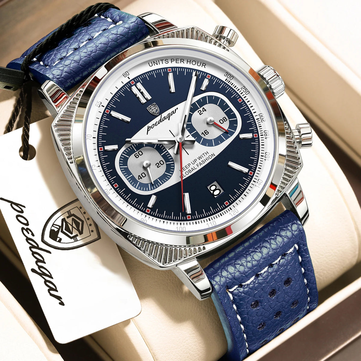 Poedagar 838 Men's Luxury Chronograph Quartz Watch – Leather Strap, Waterproof, Luminous, Date