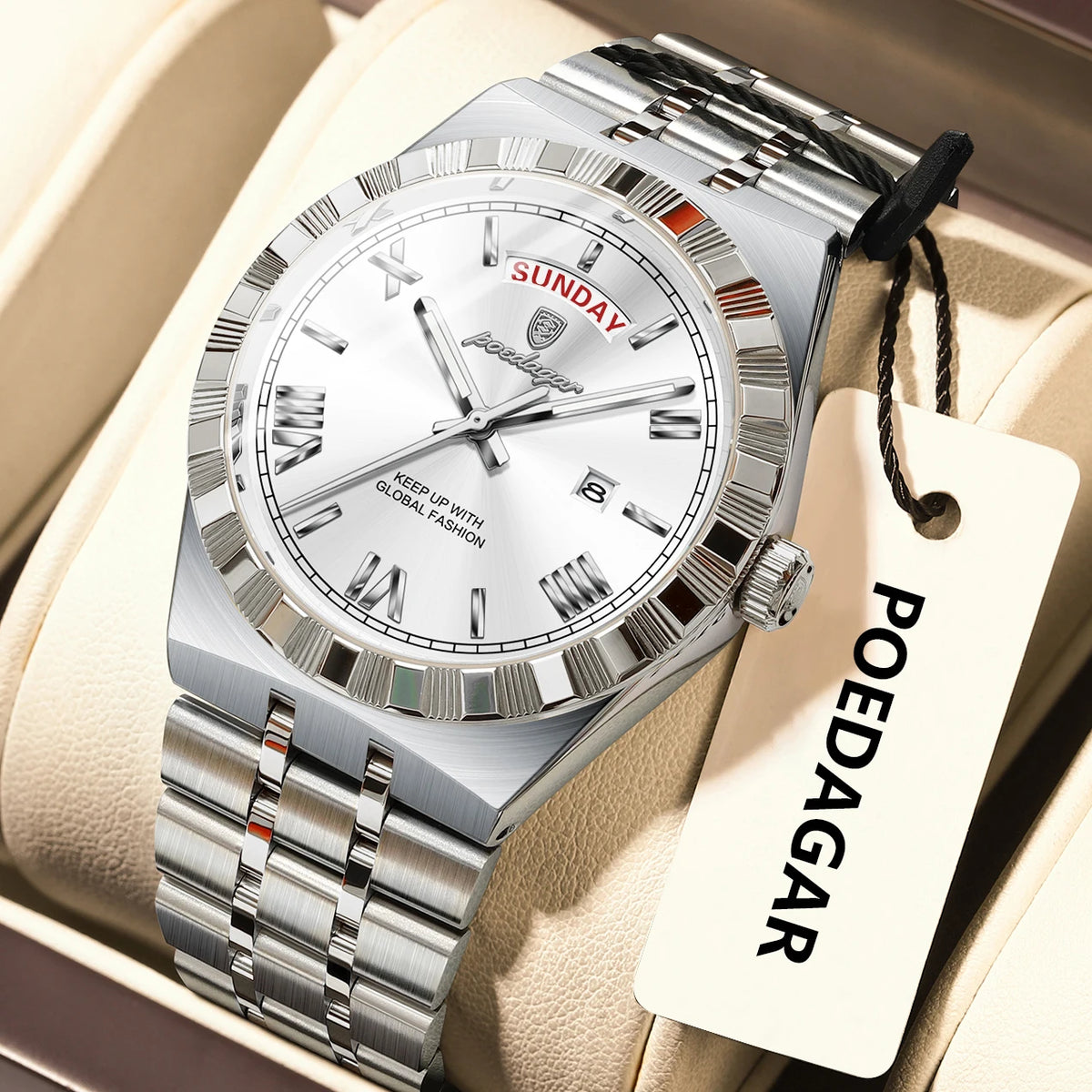 Poedagar 675 Men's Luxury Quartz Watch – Stainless Steel Band, Waterproof, Luminous, Date