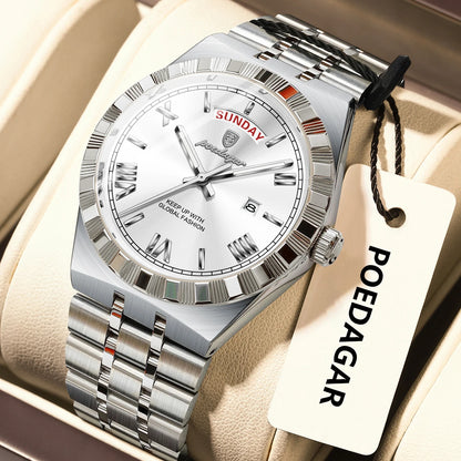 Poedagar 675 Men's Luxury Quartz Watch – Stainless Steel Band, Waterproof, Luminous, Date