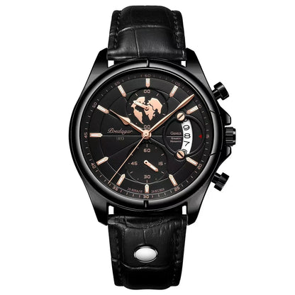 Poedagar 989 Men's Luxury Chronograph Quartz Watch – Leather Strap, Waterproof, Luminous, Date