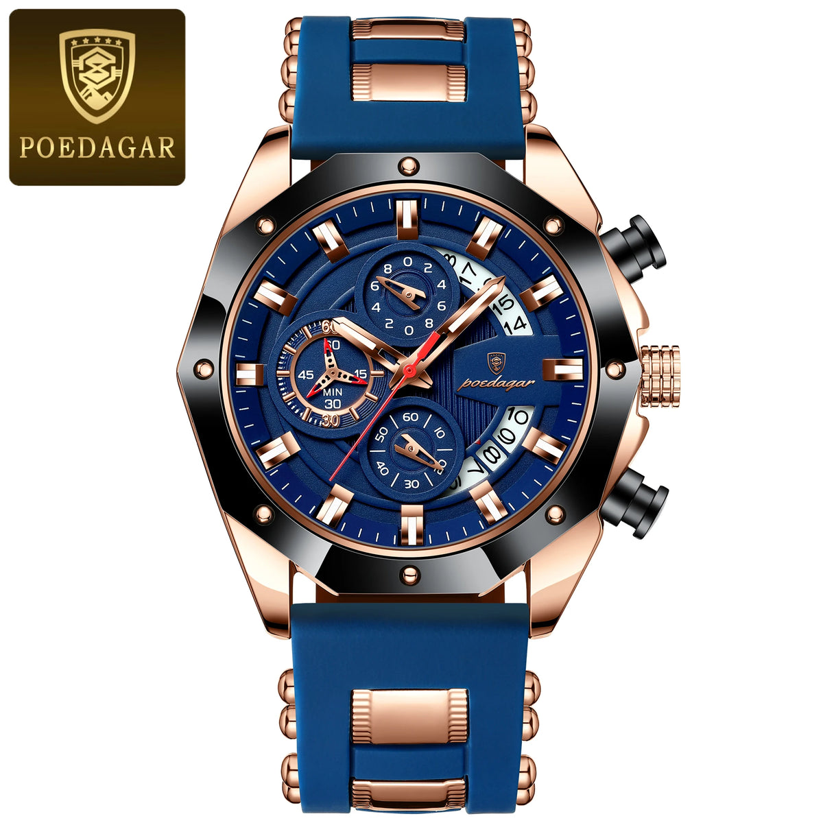Poedagar 913 Men's Luxury Chronograph Quartz Watch – Silicone Strap, Waterproof, Luminous, Date