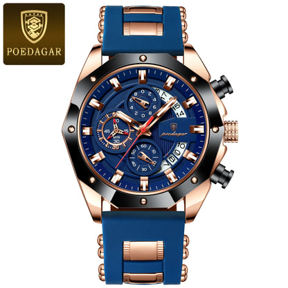 Poedagar 913 Men's Luxury Chronograph Quartz Watch – Silicone Strap, Waterproof, Luminous, Date