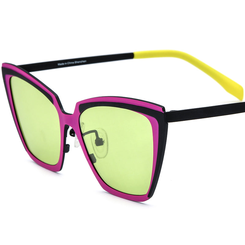 Colourful Titanium Cat Eye Polarised Sunglasses - Pink Black Frame Green Lens - MCROONS