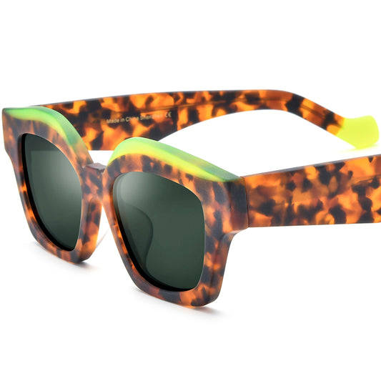 Retro Polarized Cat Eye Sunglasses Big Size - Matte Black Green Lens - MCROONS