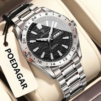 Poedagar 683 Men's Luxury Quartz Watch – Stainless Steel Band, Waterproof, Luminous, Date